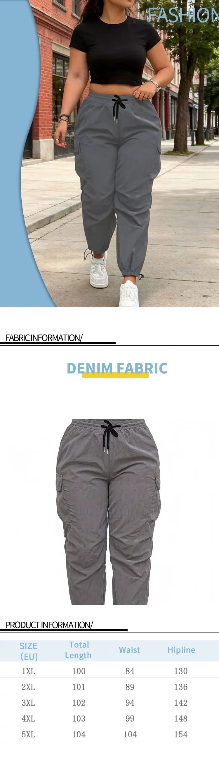 A model wearing gray high-waist drawstring cargo joggers in a casual outdoor setting.