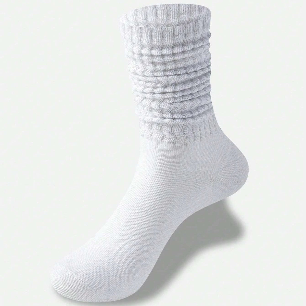 A white slouch knit sock shown from the side, highlighting the ribbed cuff and foot.