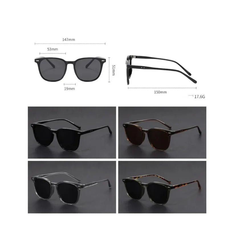 A set of unisex ultralight square sunglasses shown in various views and dimensions.
