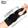 A black wrist brace with dual metal splints is shown being worn on a hand.