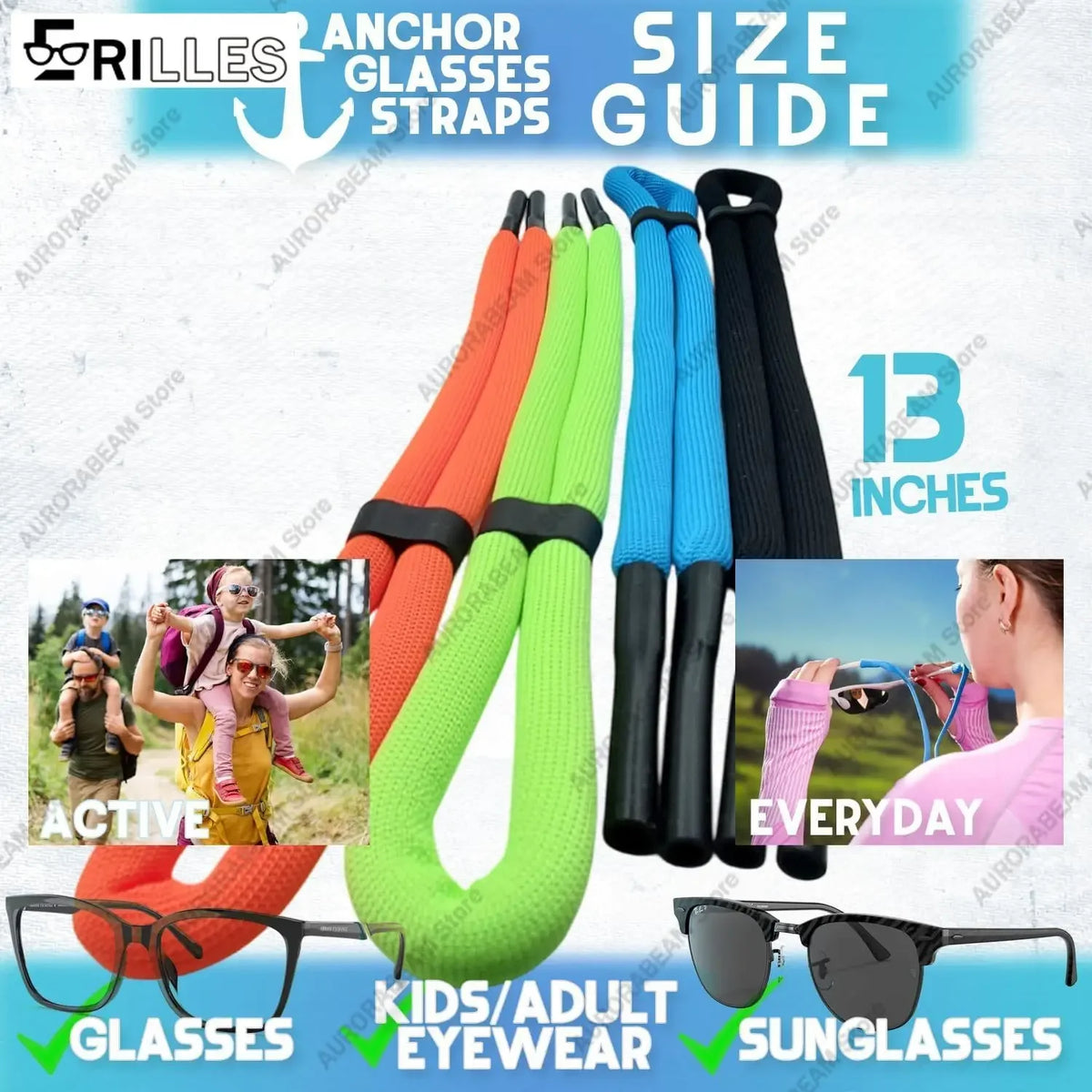 Guide showing various sizes of anchor glasses straps and sunglasses for water sports