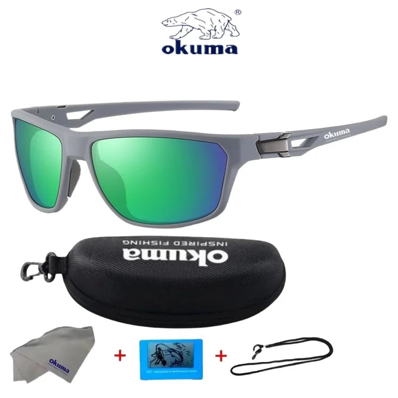 Okuma polarized sports sunglasses with green lenses and a protective case and cleaning cloth