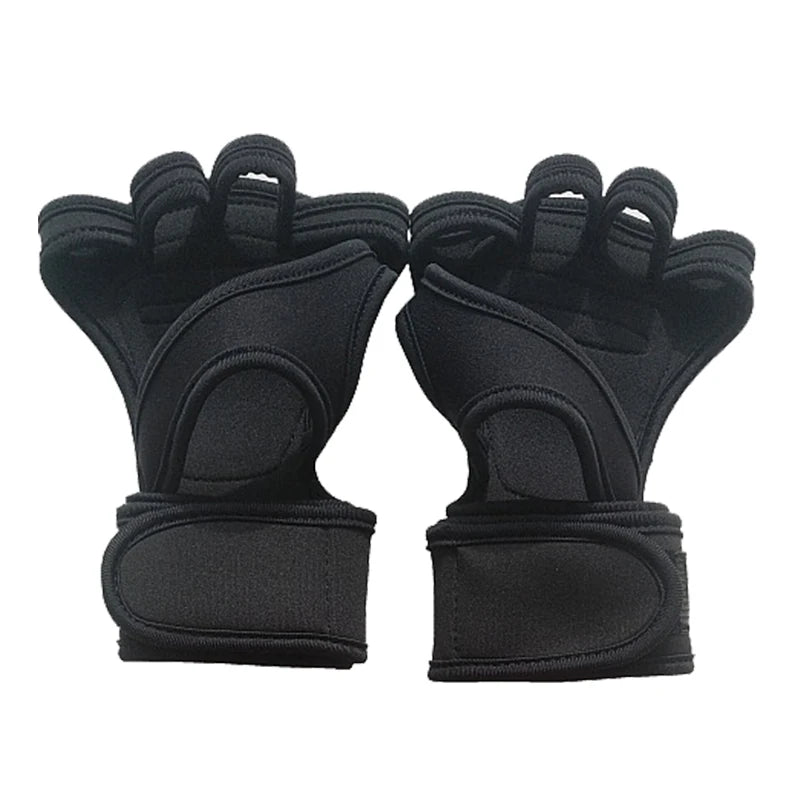 A pair of black adjustable workout wrist wraps for strength training.