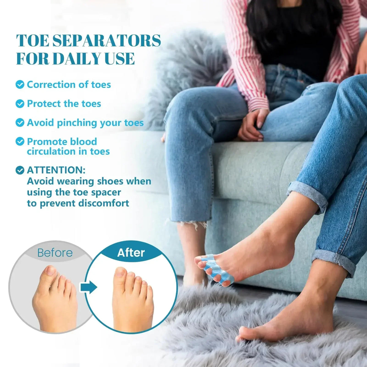 A person is using a silicone toe separator to straighten their toes, shown with before and after comparisons.