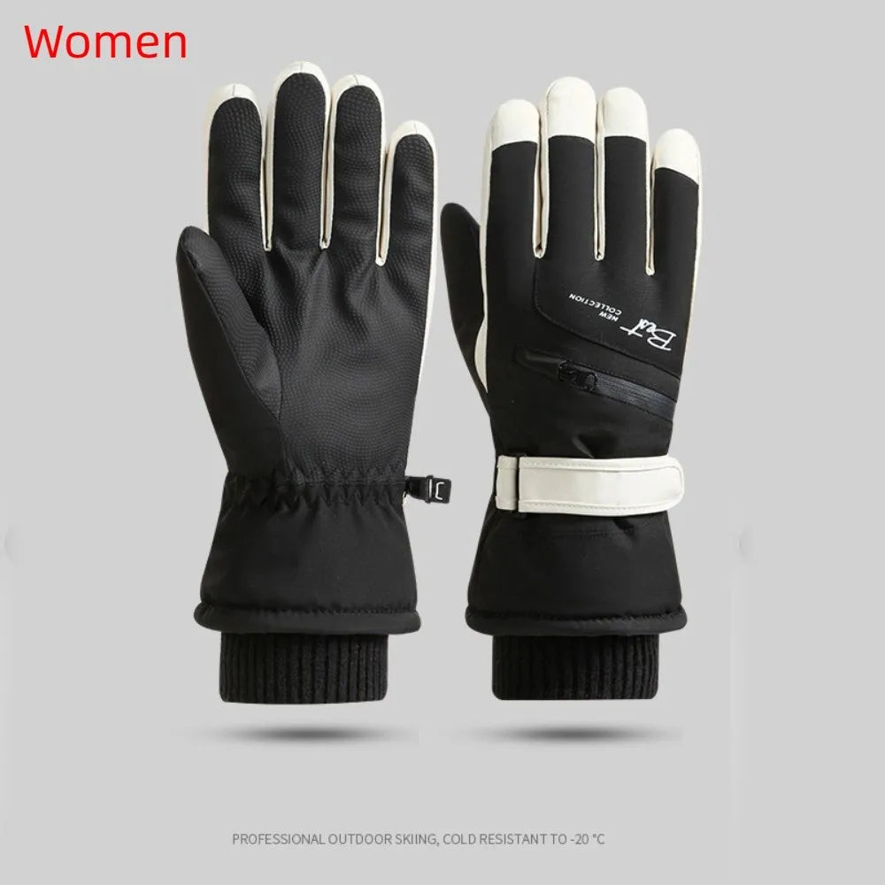 A pair of black and white thermal winter ski and riding gloves with zippered pockets.