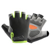 A pair of black fingerless gloves with gray accents and orange palm padding shown against a white background.