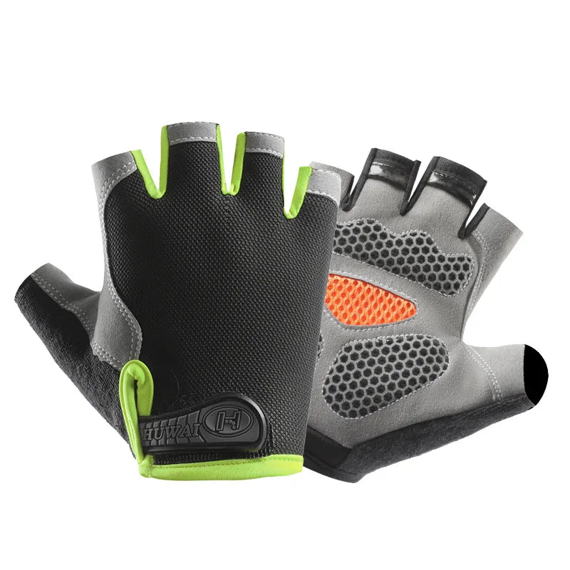 A pair of black fingerless gloves with gray accents and orange palm padding shown against a white background.