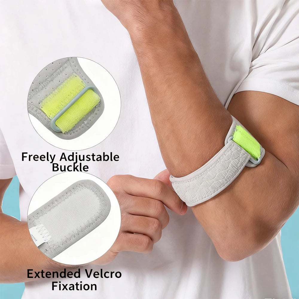 A hand is adjusting a gray elastic wrist brace with yellow velcro strips for extended fixation.