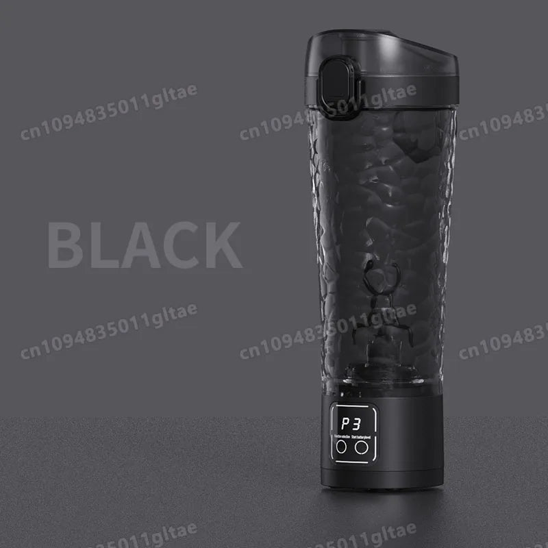 A black electric shaker bottle is shown against a dark gray background.