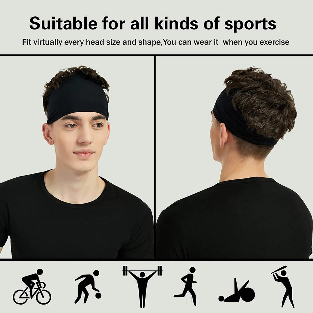 Schwarze feuchtigkeitsableitende Sport-Headbänder, die von einem männlichen Model während verschiedener Übungen getragen werd