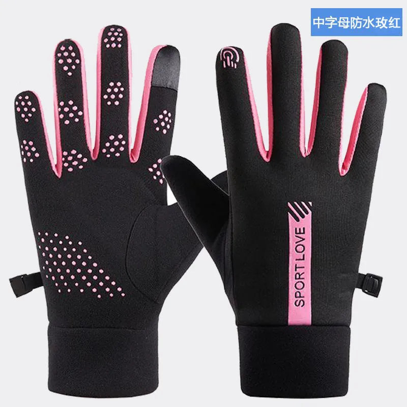 A pair of black thermal cycling and running gloves with pink accents shown against a white background.