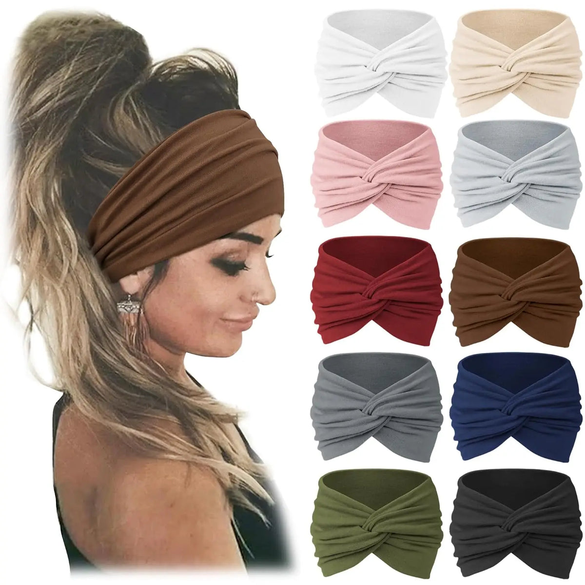 A collection of boho wide turban headbands in various shades of pink, gray, brown, and blue, shown folded.