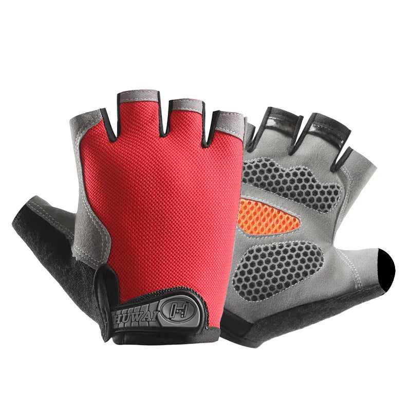 A pair of breathable anti-slip fingerless gloves in red and gray for sports and outdoor activities