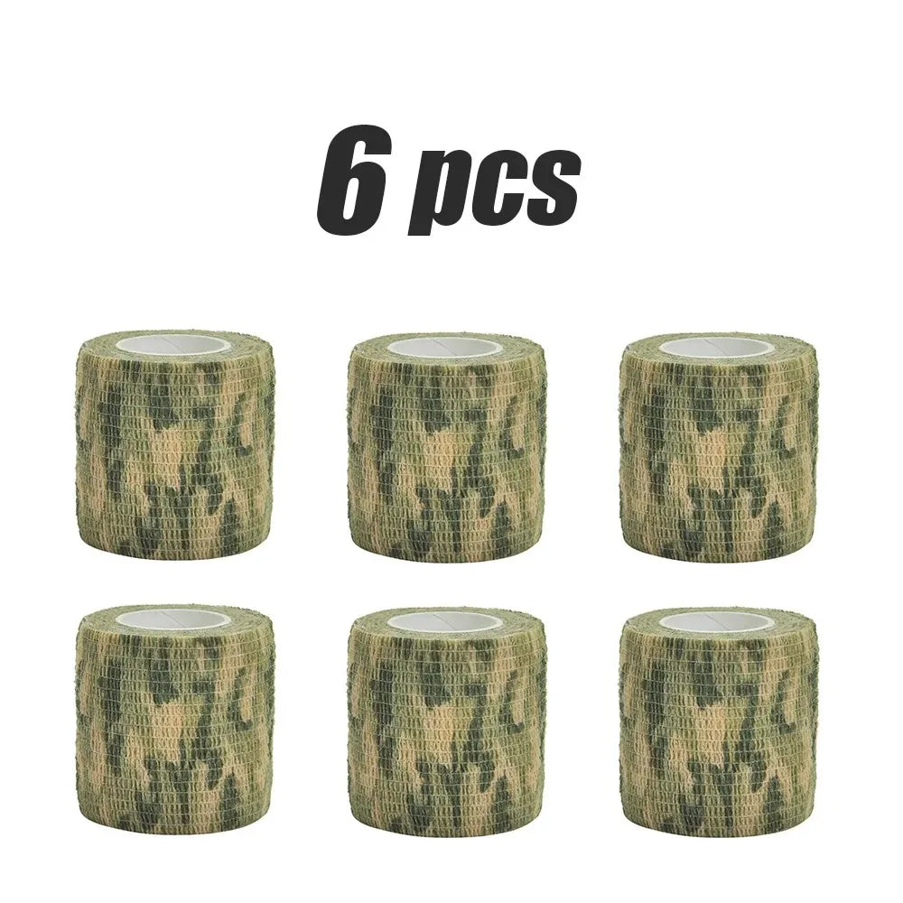 Six rolls of outdoor camouflage elastic wrap tape in olive green and brown patterns.