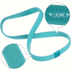 A teal silicone hair tie product shown in various forms, including a long elastic band and flat pieces.