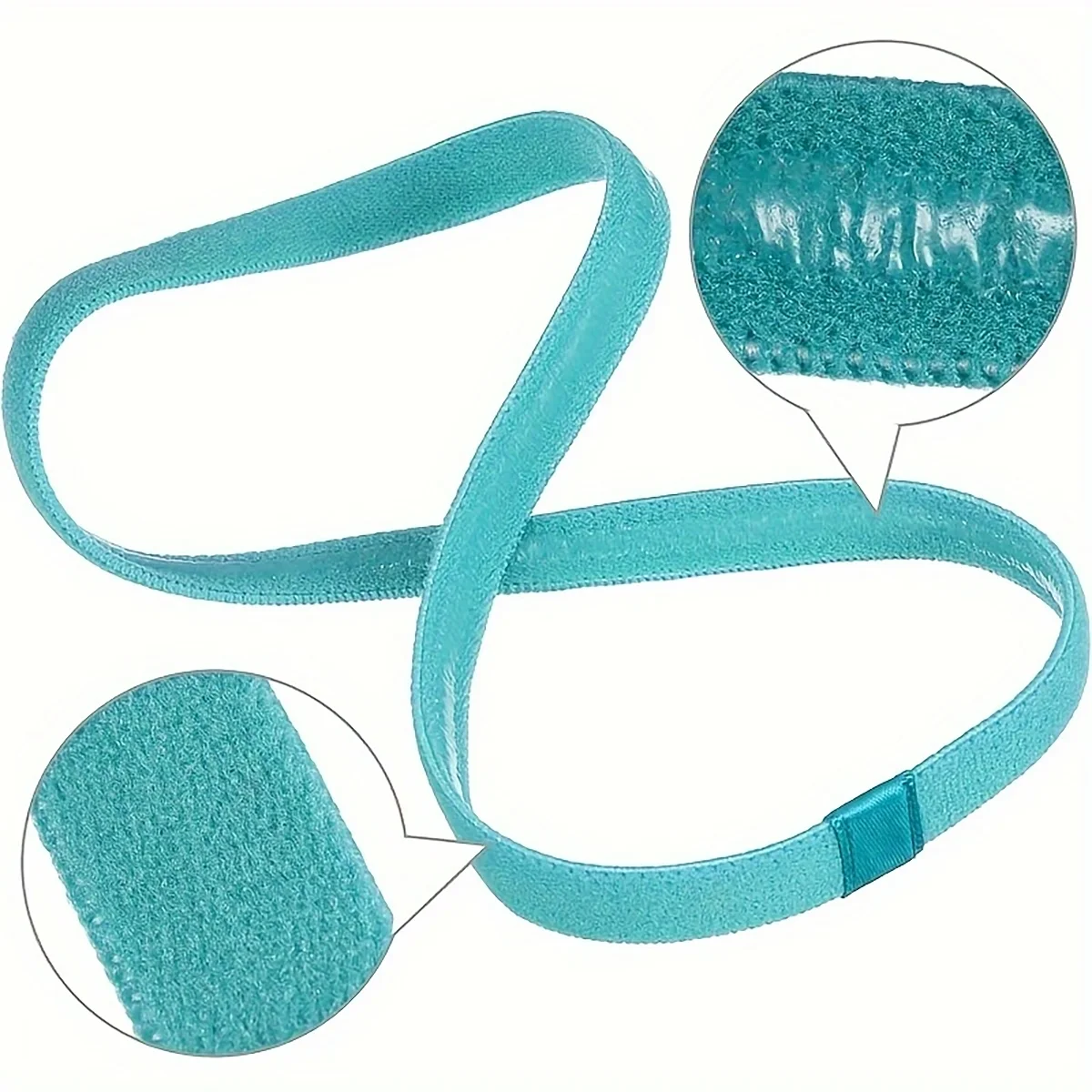A teal silicone hair tie product shown in various forms, including a long elastic band and flat pieces.
