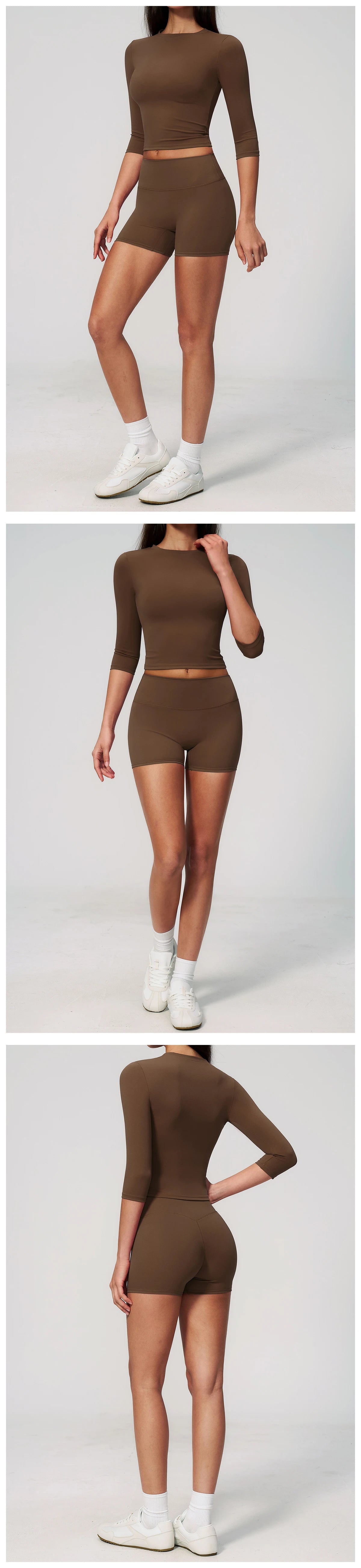 A model wearing a solid brown women's yoga and fitness leggings set, shown in full body shots.