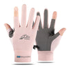 Pair of pink and gray summer ice silk sun protection gloves shown against a white background