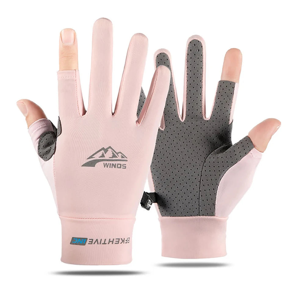 Pair of pink and gray summer ice silk sun protection gloves shown against a white background