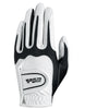 A close-up view of a white and black men's golf glove with an PGM logo.