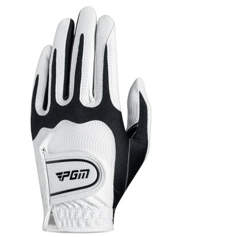 A close-up view of a white and black men's golf glove with an PGM logo.