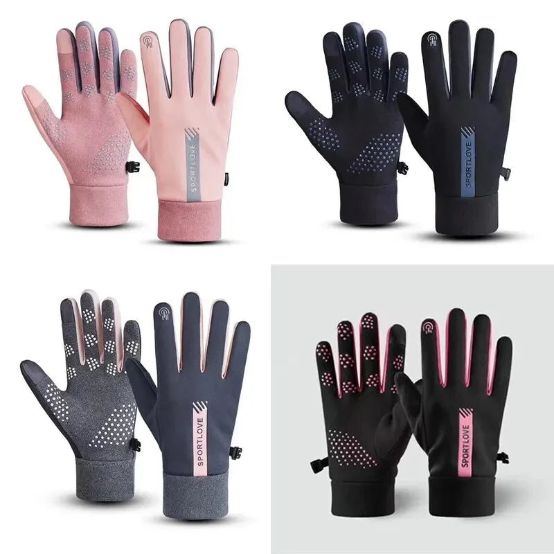 A set of four thermal cycling and running gloves in various shades of pink, black, and gray.