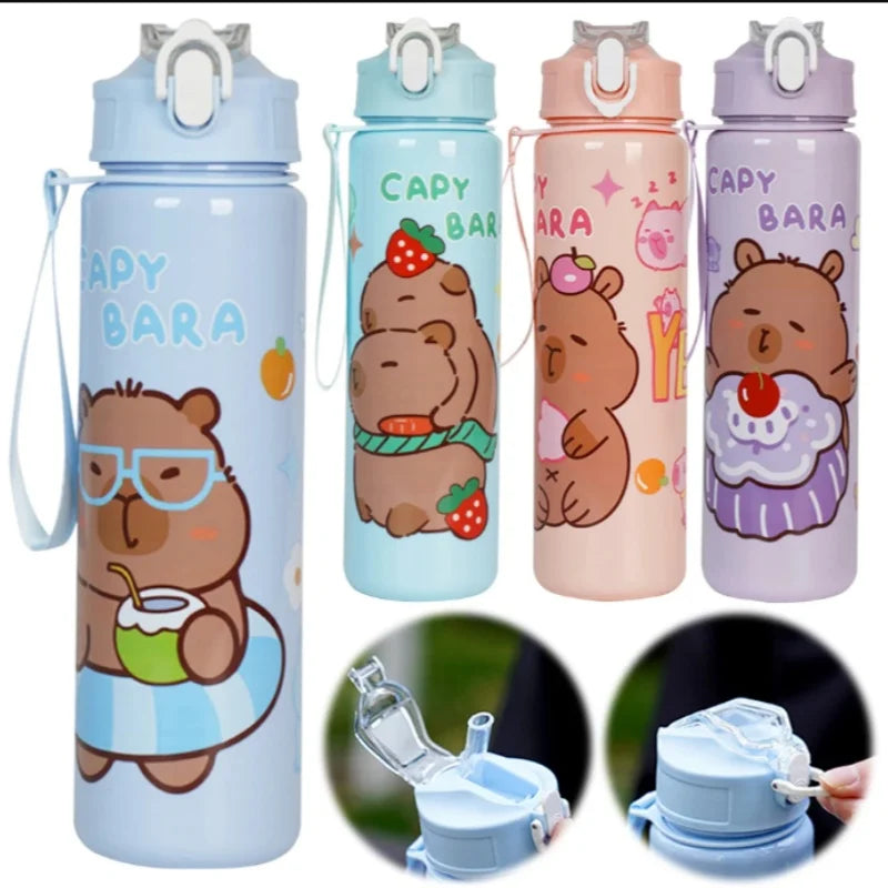 A set of cute capybara water bottles in various colors with straws and handles.