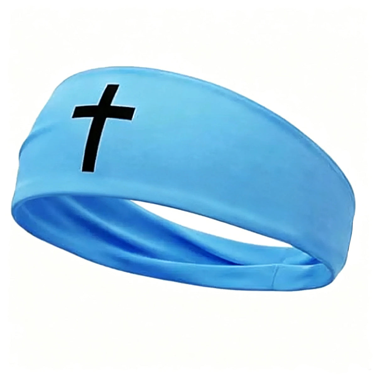 Light blue athletic sweat headband with a black cross design