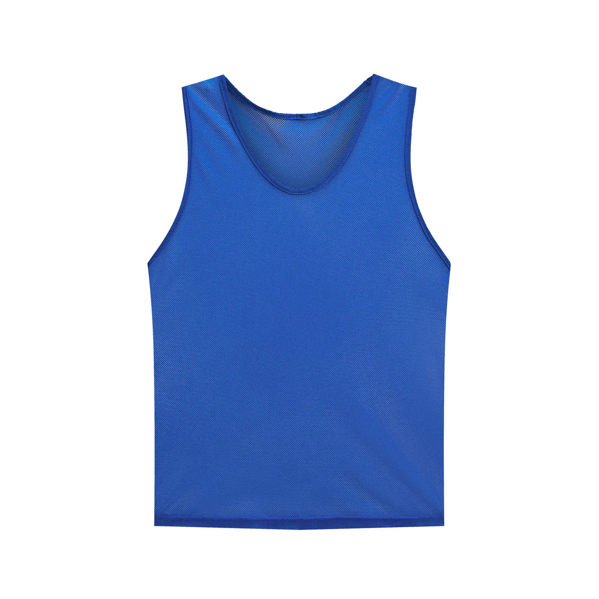 A bright blue breathable mesh soccer training vest with a V-neck, shown flat.