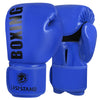 Une paire de gants de boxe en cuir PU bleus, vue rapprochée.