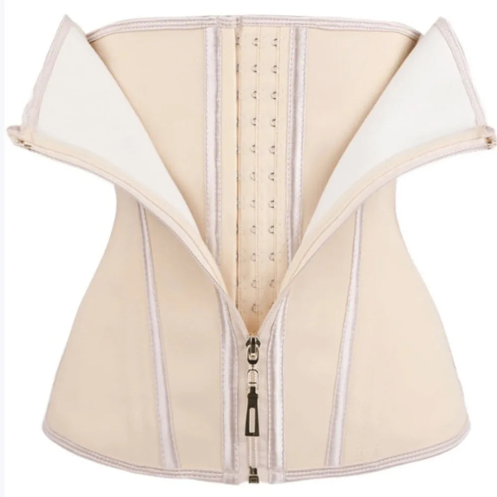 Corset de maintien beige sans coutures avec fermeture éclair avant et couture décorative.
