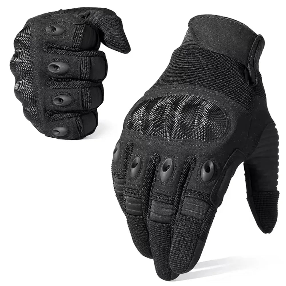 Black tactical full-finger motorcycle gloves shown from the back and side.
