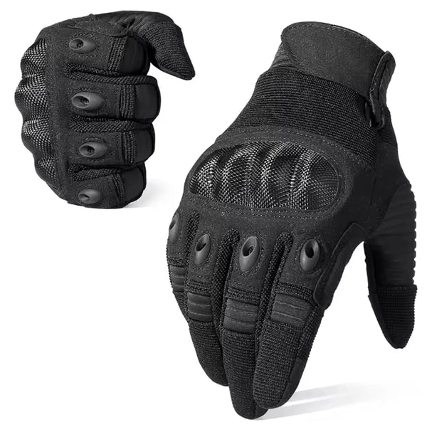 Black tactical full-finger motorcycle gloves shown from the back and side.