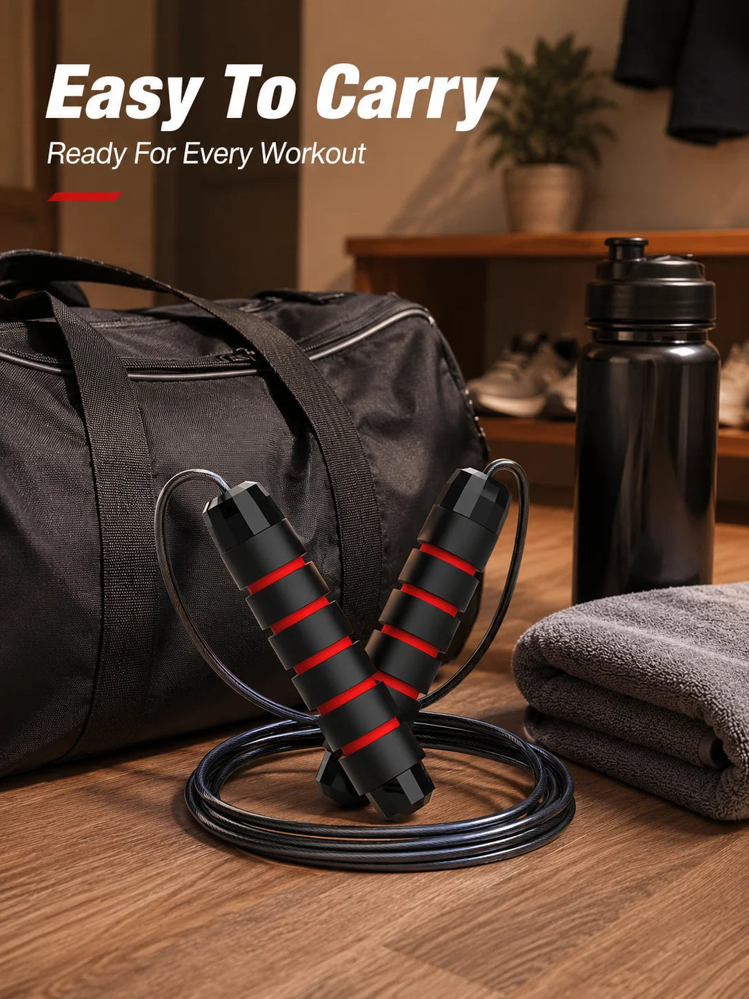 A black adjustable weighted speed jump rope is displayed next to a gym bag and a towel.
