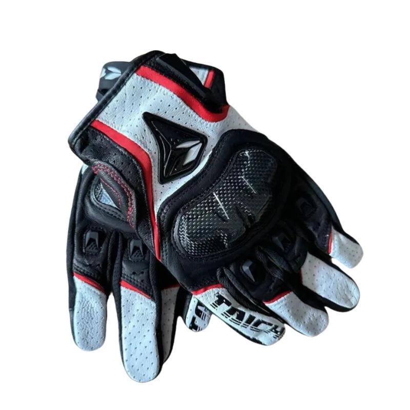 A pair of black and gray genuine leather motorcycle motocross gloves shown from above.