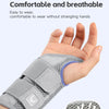 A hand wearing a gray mesh wrist support brace designed for comfort and breathability.
