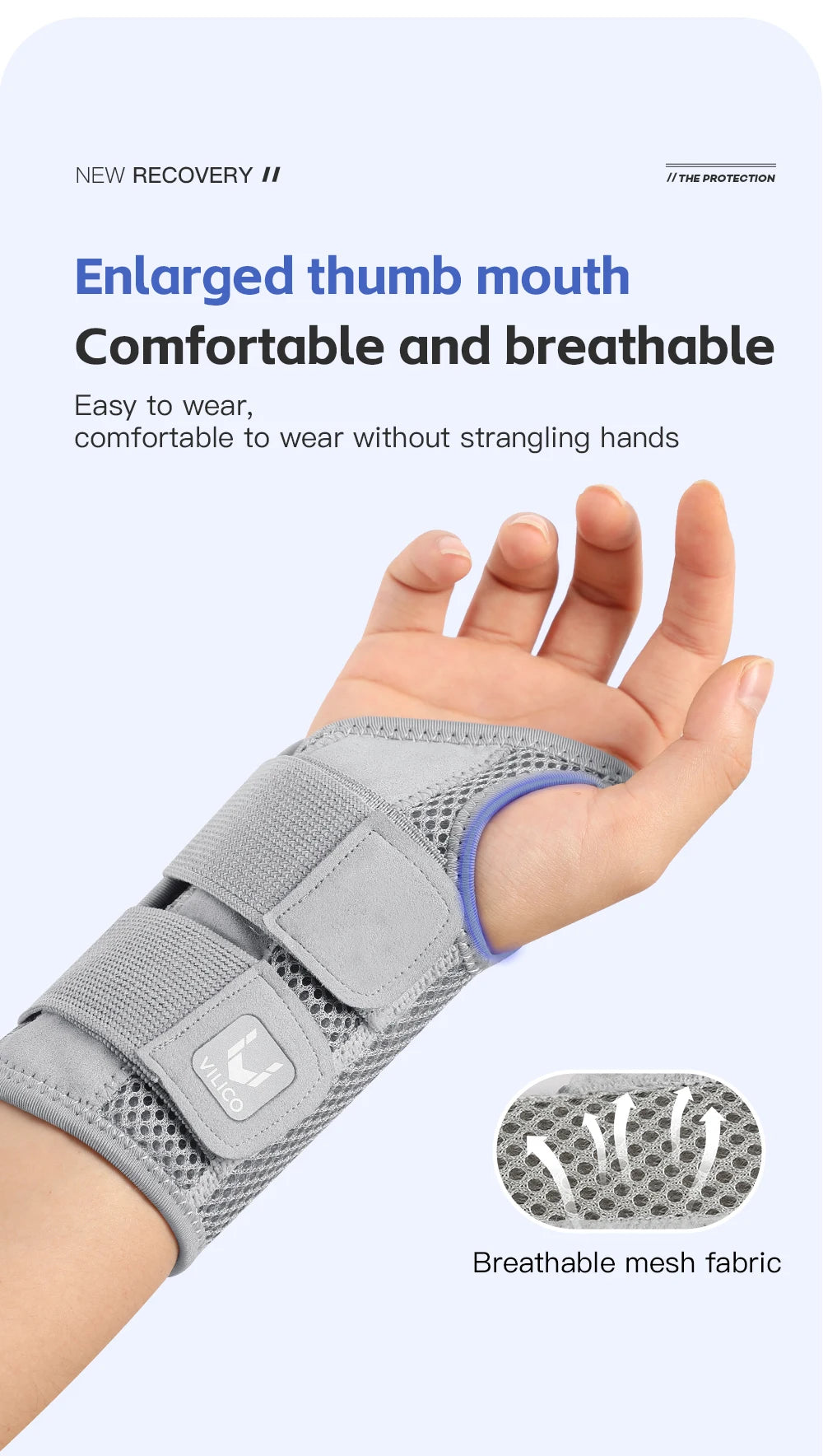 A hand wearing a gray mesh wrist support brace designed for comfort and breathability.
