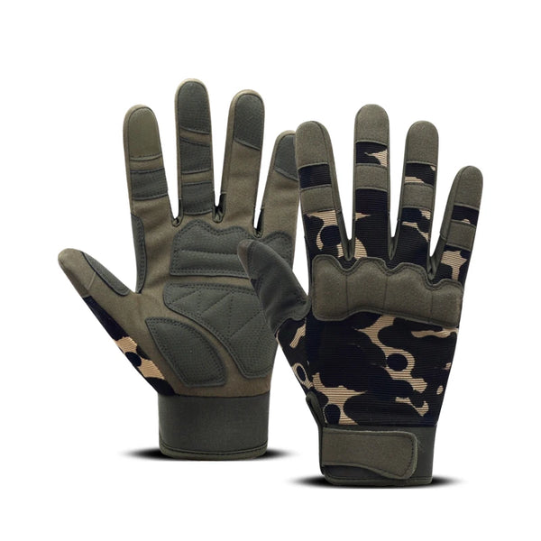 A pair of men's outdoor and cycling full finger mittens in olive green with black leopard print palm coverings.