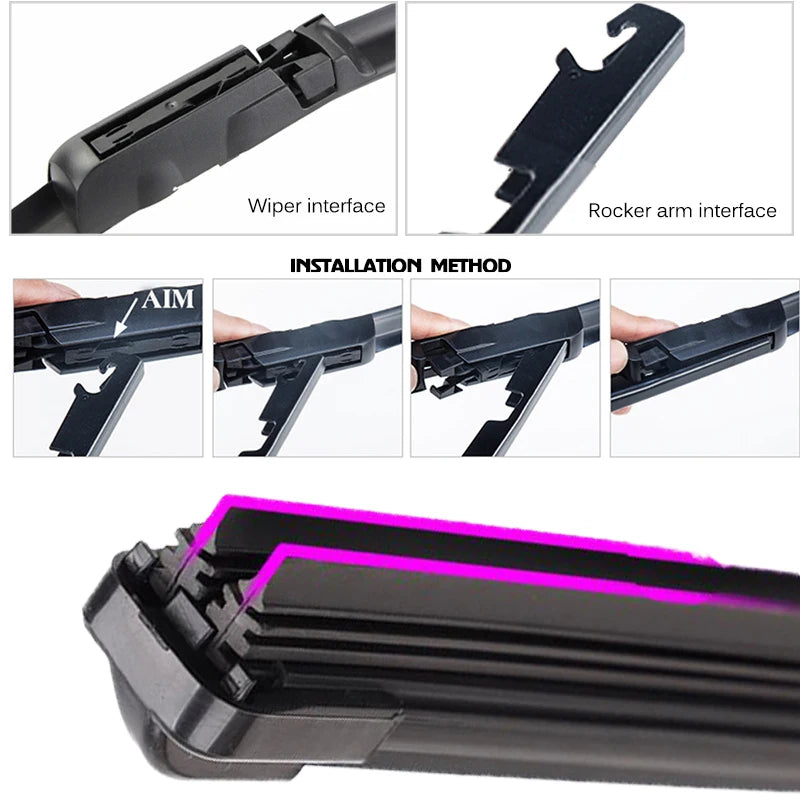 Close-up view of universal car wiper blades showing different interfaces and installation methods.