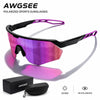 A pair of purple and black AWGSEE polarized sports sunglasses shown with a case and UV400 HD polarized certification.