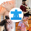 Collage showing kinesiology tape application on a hand, shoulder, and body