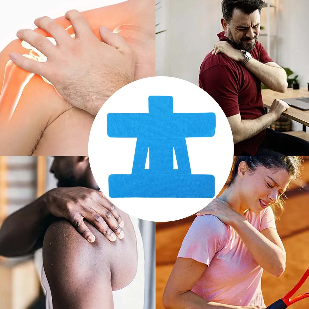 Collage showing kinesiology tape application on a hand, shoulder, and body
