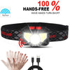 A black LED headlamp band with a sensor that turns on and off, shown next to a hand.