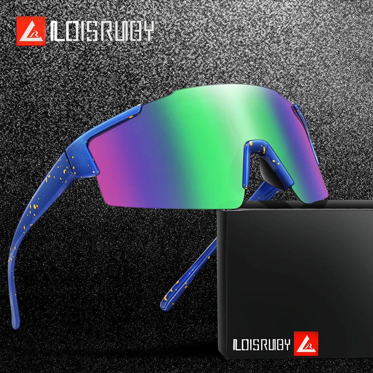 A pair of colorful sports sunglasses with blue frames and a green-tinted lens resting on a black case.