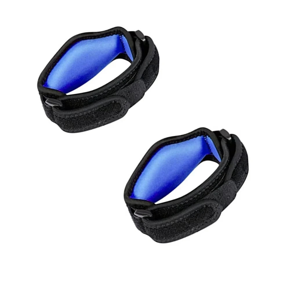 Black wrist support brace with blue padding for tennis elbow pain relief