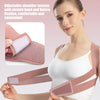 A woman wearing a pink posture corrector back brace with Velcro fastening, demonstrating its adjustable shoulder tension.