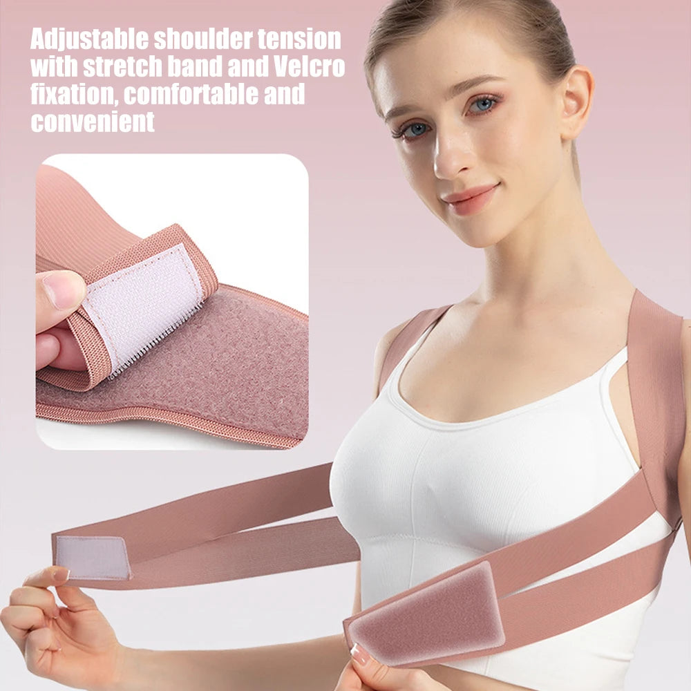 A woman wearing a pink posture corrector back brace with Velcro fastening, demonstrating its adjustable shoulder tension.