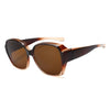 Brown tinted wrap-around sunglasses with a tortoiseshell frame
