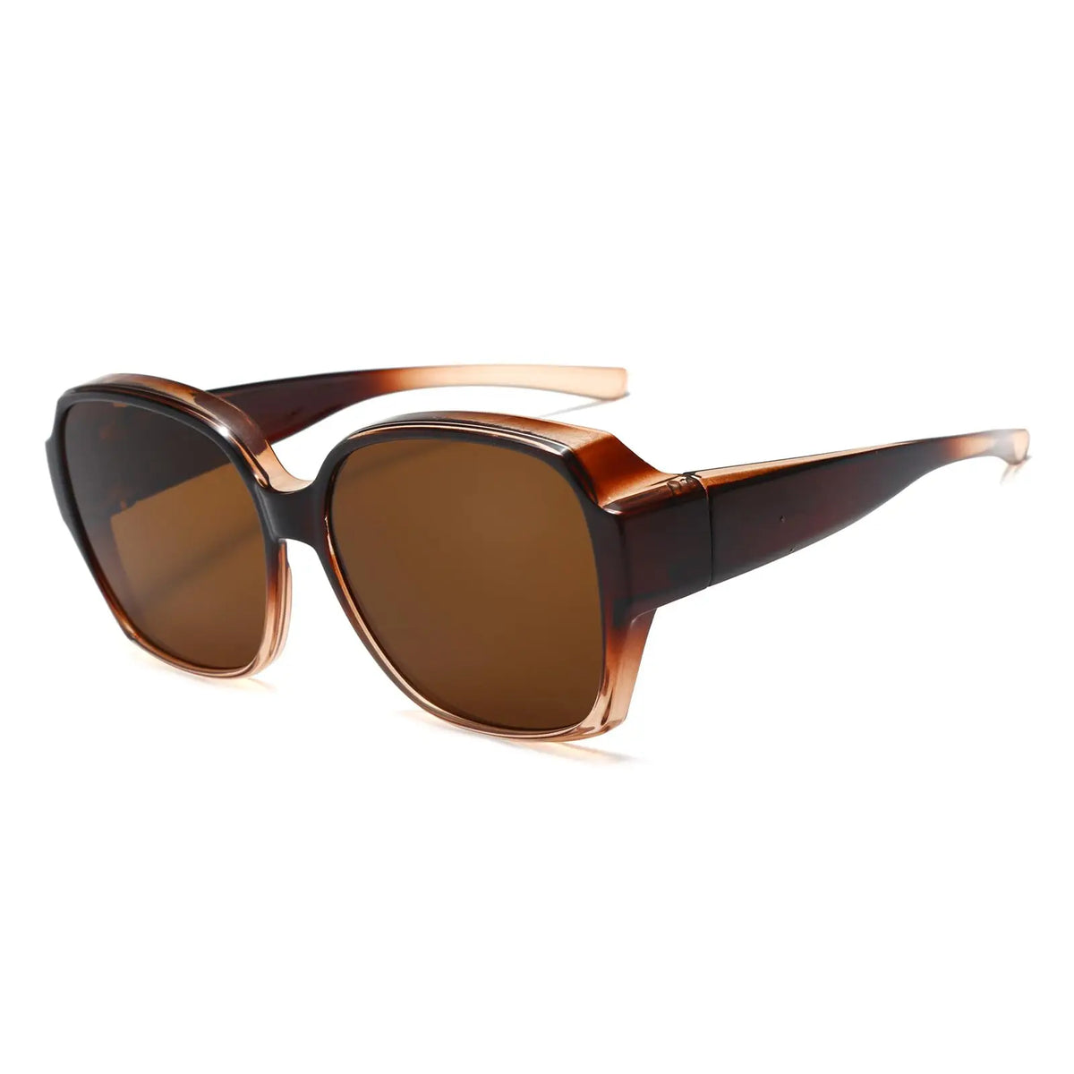 Brown tinted wrap-around sunglasses with a tortoiseshell frame