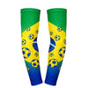 Green and yellow arm sleeves featuring soccer balls and the flag of Brazil
